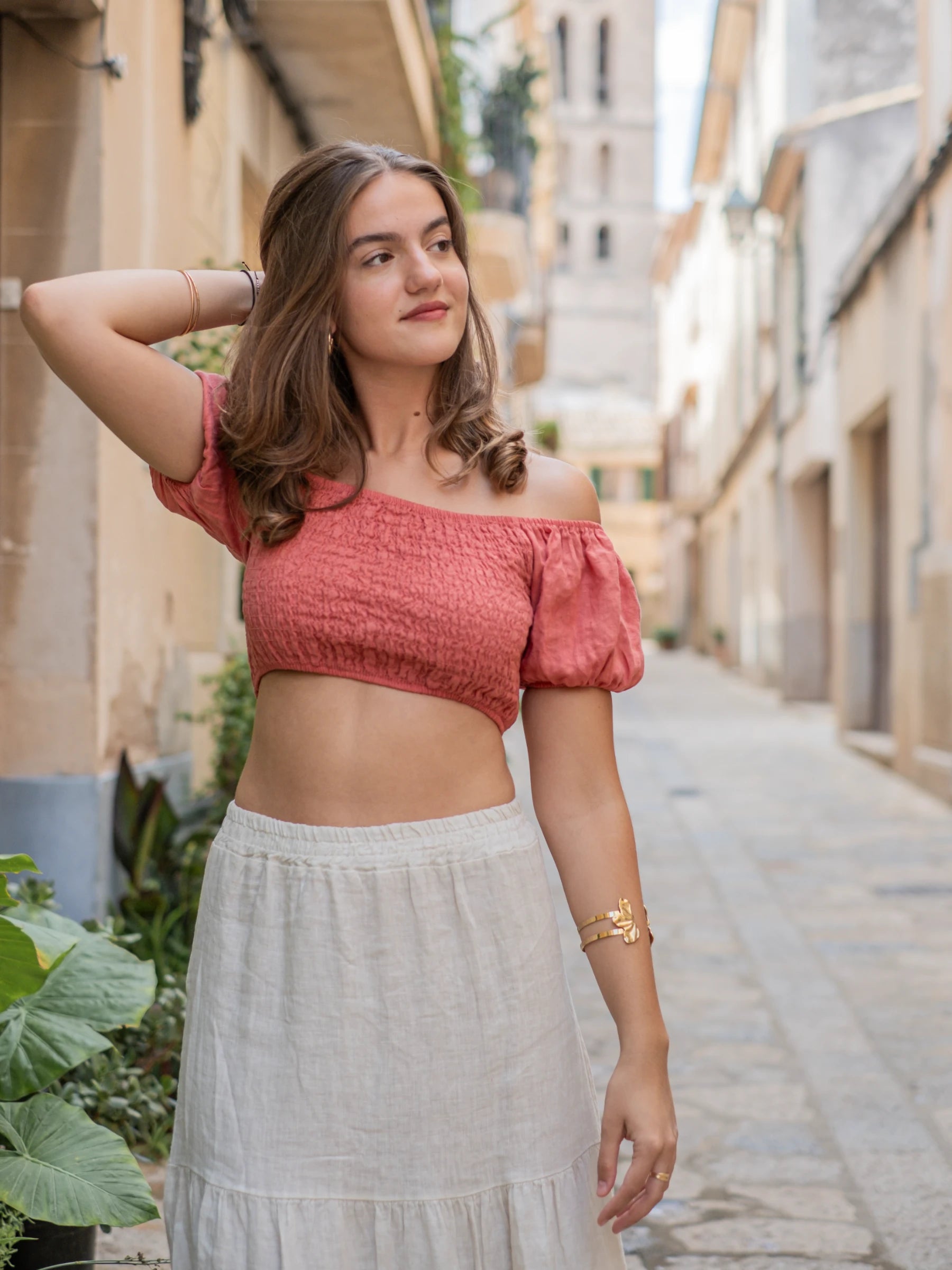 MACARELLA HONEY COMB CROP TOP WITH SHORT SLEEVES