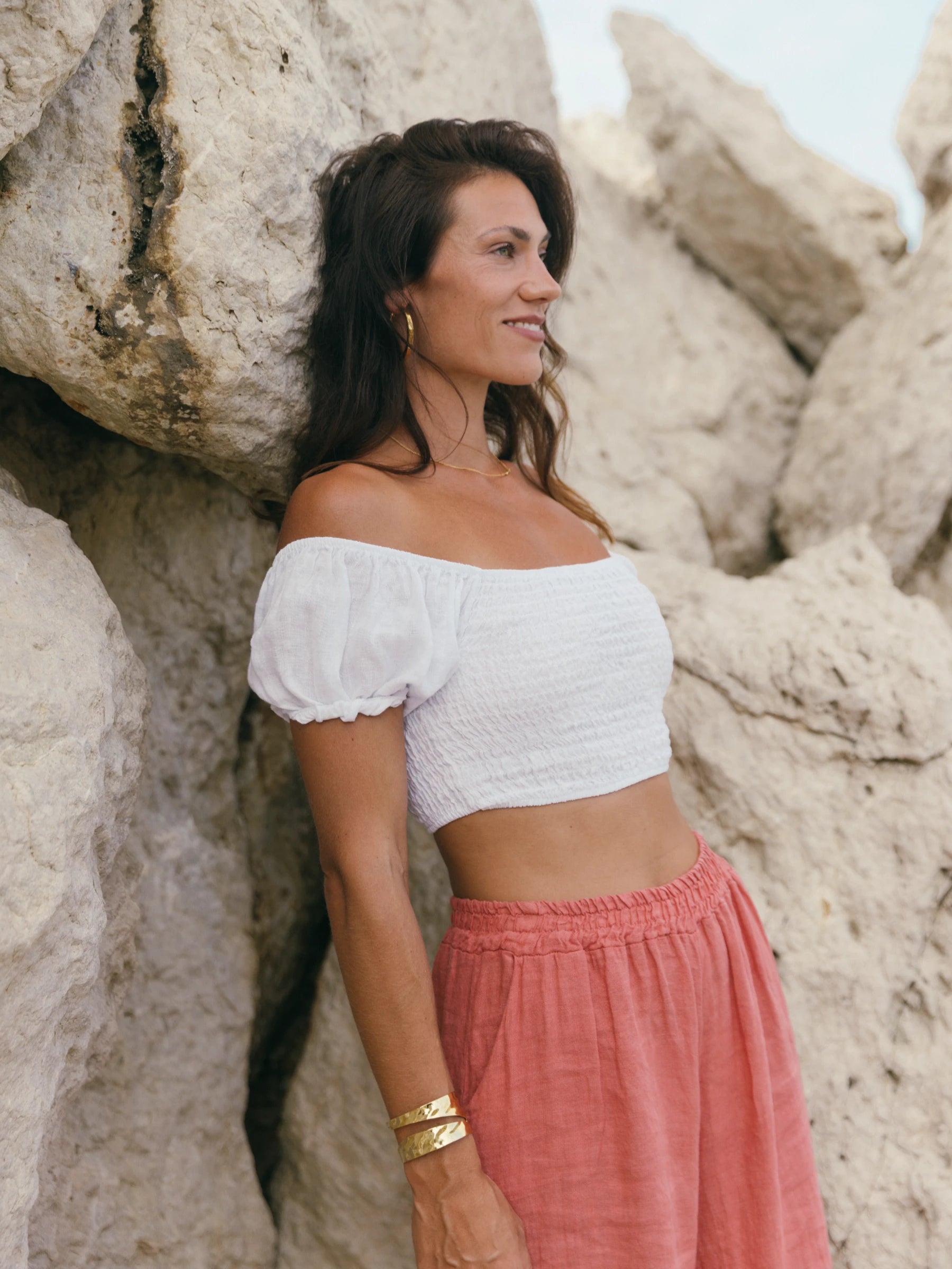 MACARELLA HONEY COMB CROP TOP WITH SHORT SLEEVES